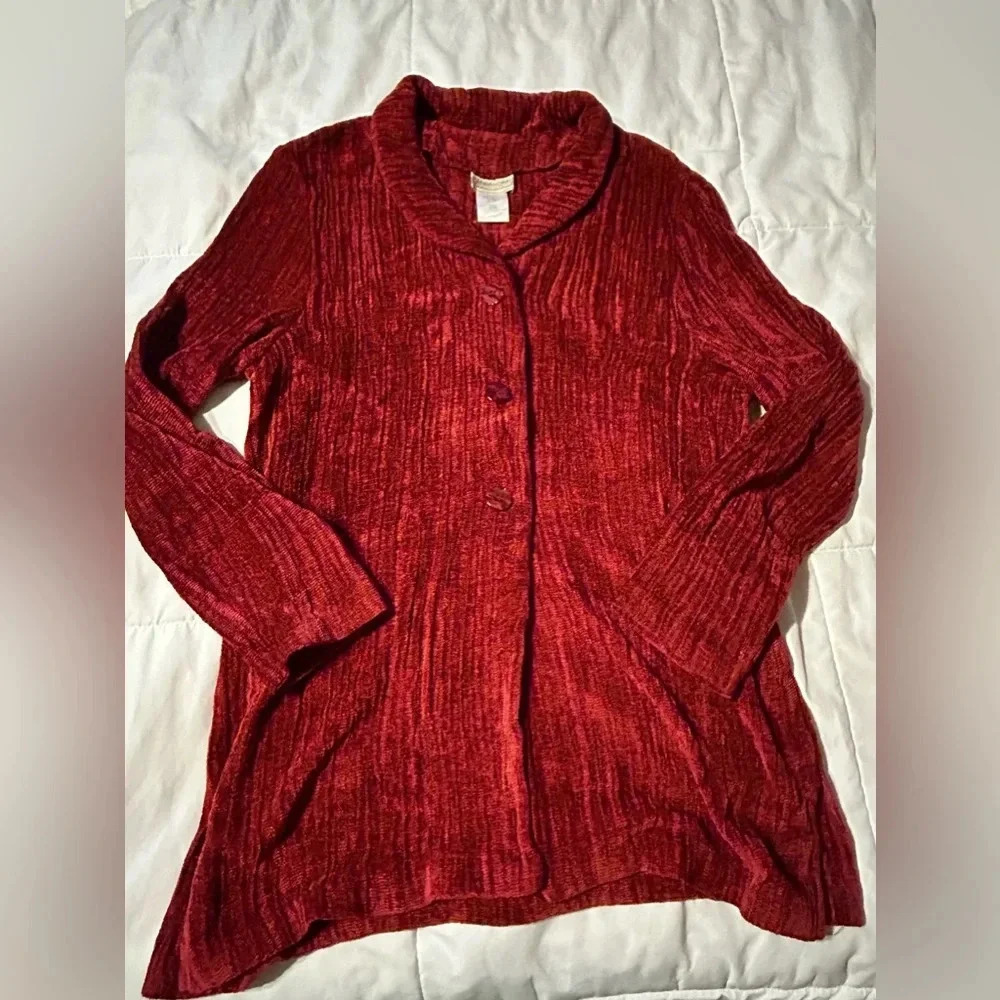 Coldwater Creek Vintage Soft Chenille Cardigan Women 12 Cranberry Long Sleeve